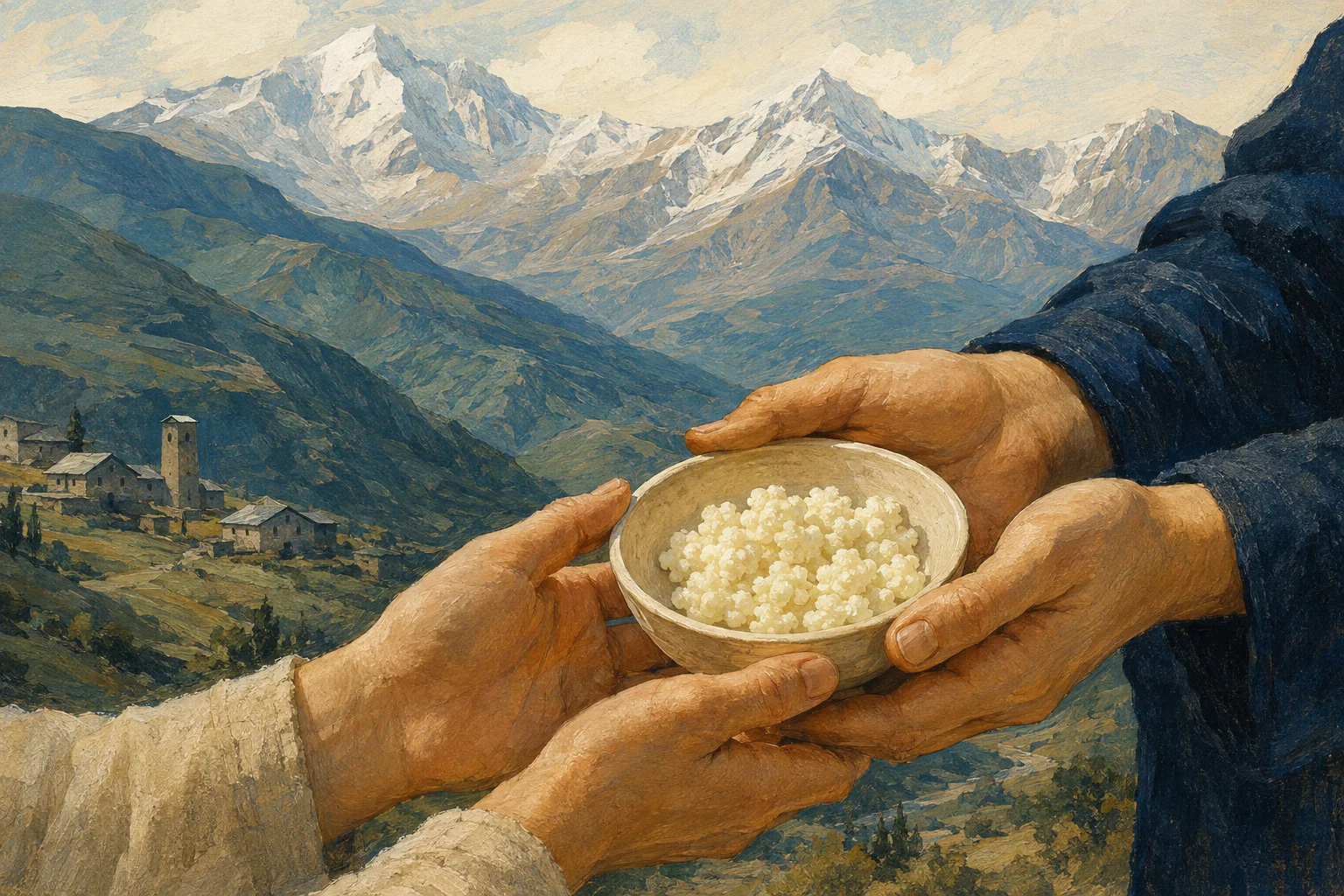 An imagined painted scene of hands sharing a bowl of milk-kefir grains in a mountain village.