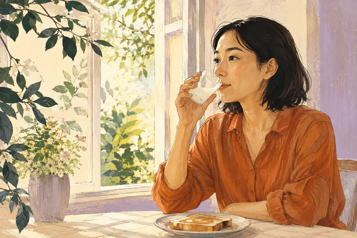 An illustration of an adult trying a small glass of kefir at breakfast.