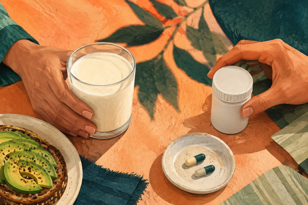 An illustration of a glass of milk kefir and a supplement bottle at a breakfast table.