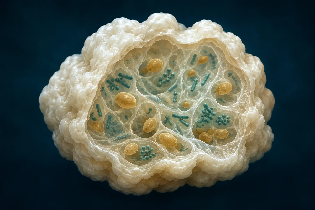 Conceptual cutaway of a milk-kefir grain with rods, round bacteria and larger oval yeast in a folded matrix.