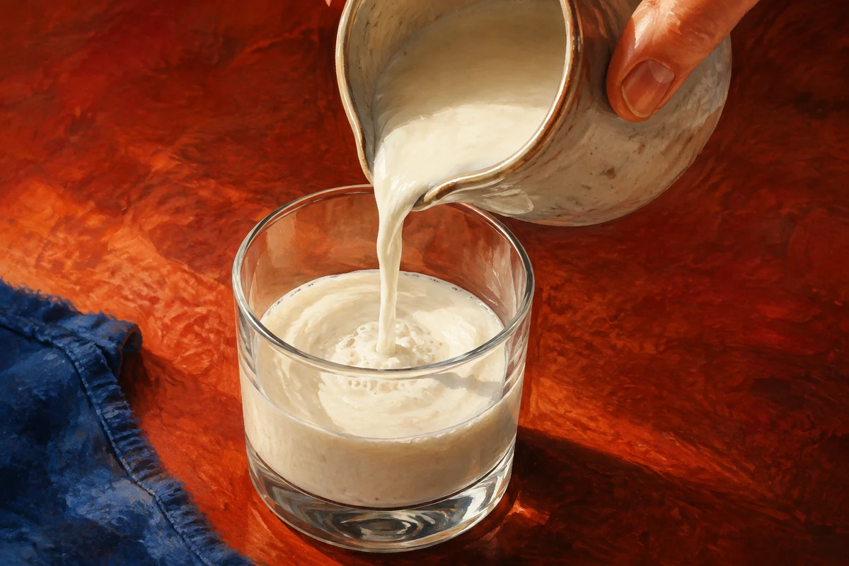 Food illustration of plain milk kefir pouring from a small ceramic pitcher into a clear glass.