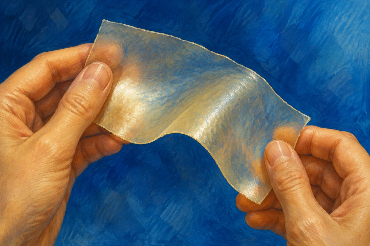 Illustration of two hands bending one thin translucent film sheet against a blue background.