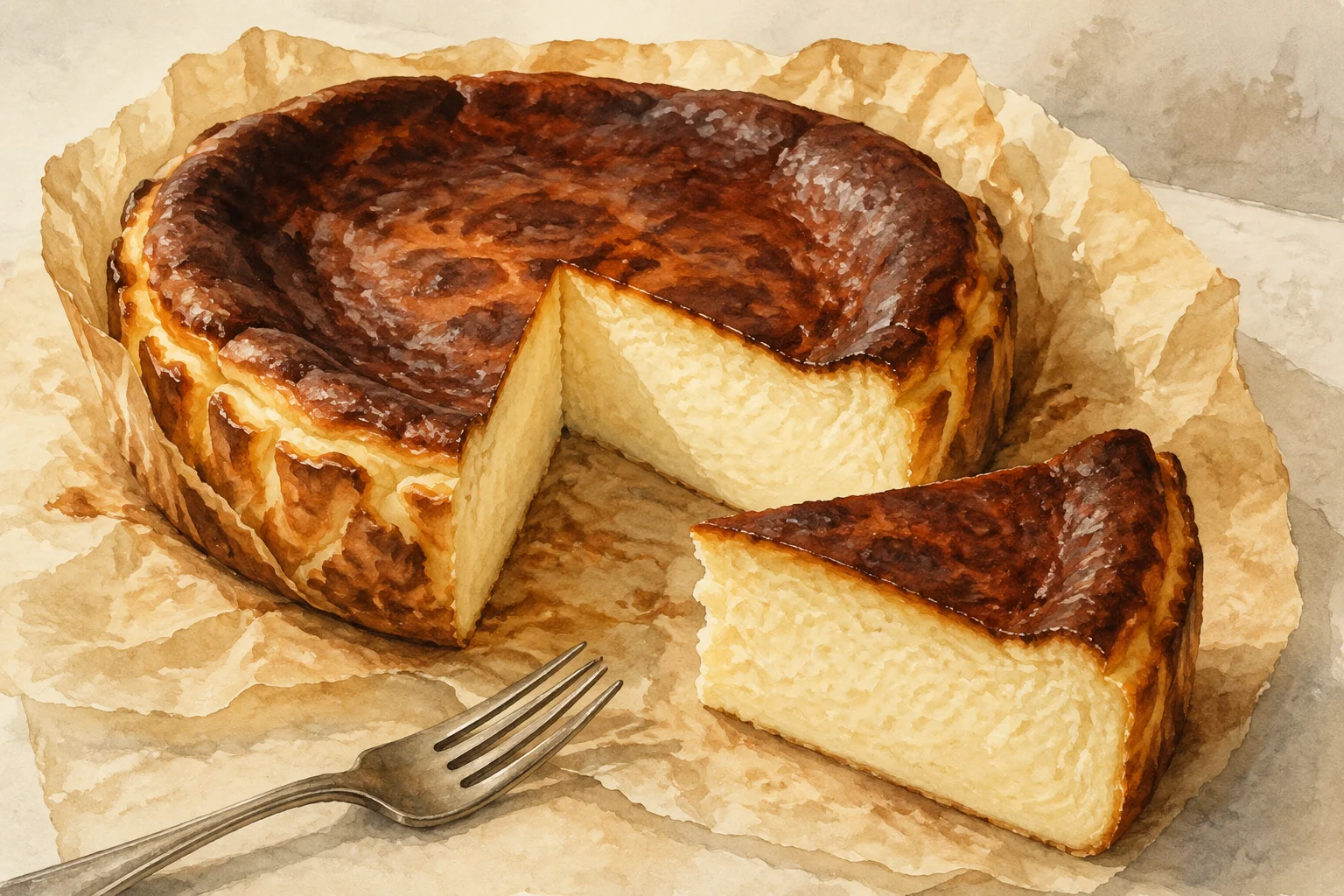 A Basque cheesecake with a caramelised top and a slice removed.