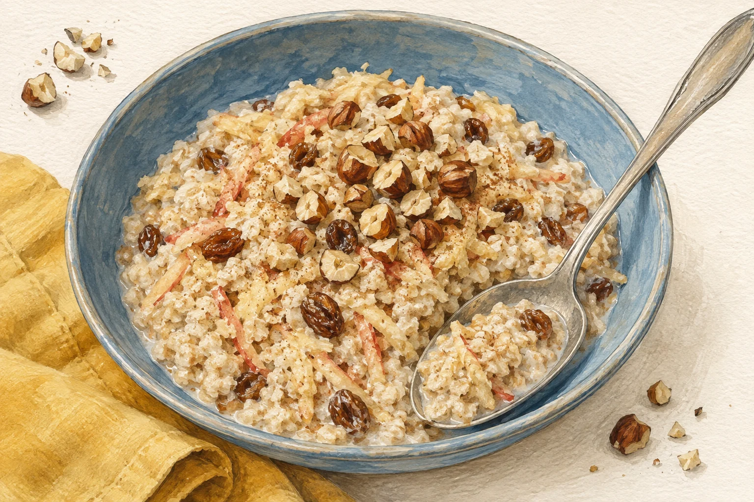Soft oats with grated apple, raisins and hazelnuts in a blue breakfast bowl.