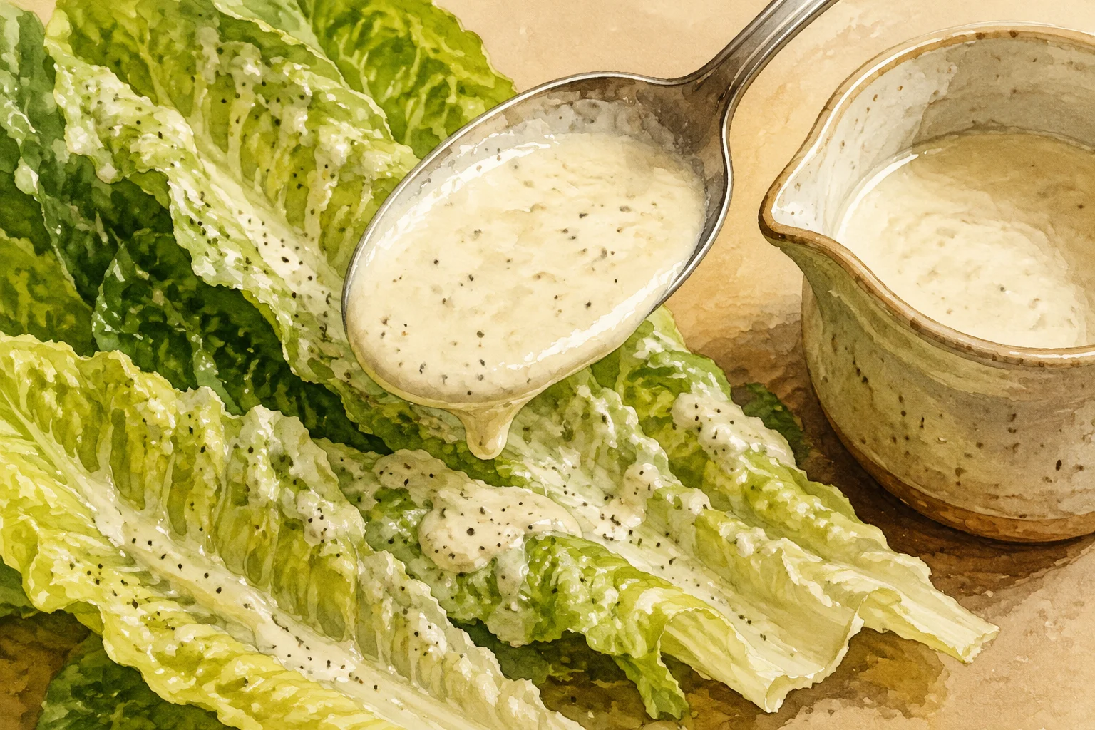 Glossy Caesar dressing on a spoon beside lightly coated romaine leaves.