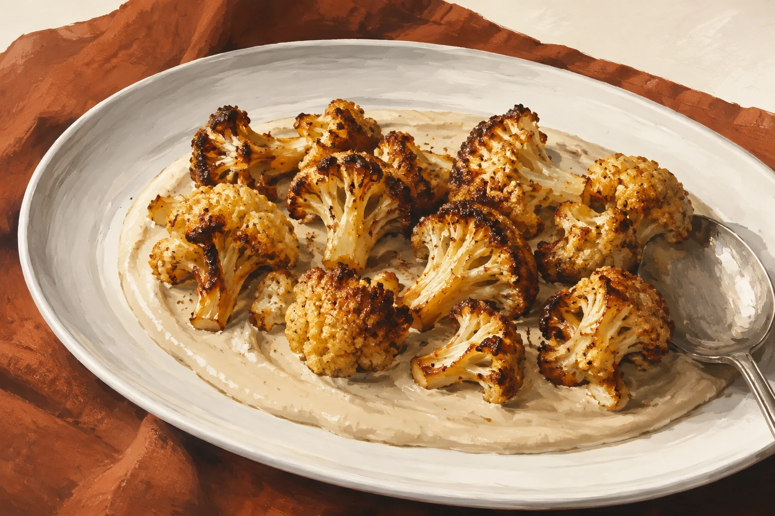 Golden roasted cauliflower florets on a bed of pale tahini-kefir sauce.