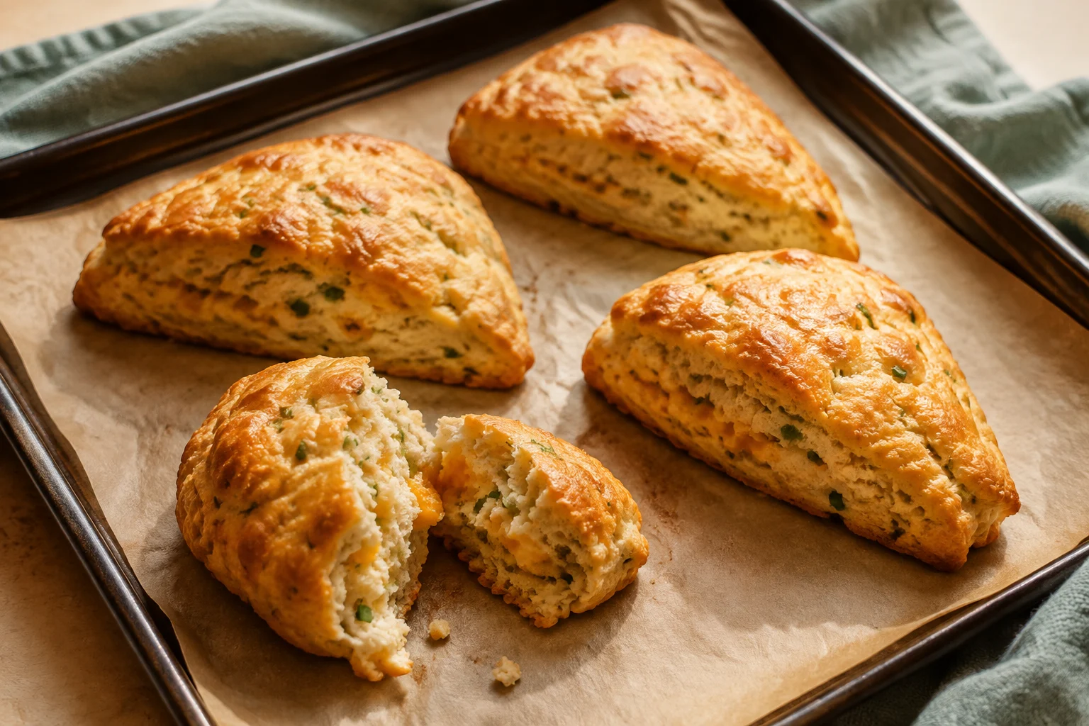 Golden wedge-shaped scones with chive flecks and cheddar in the crumb, on a baking tray.