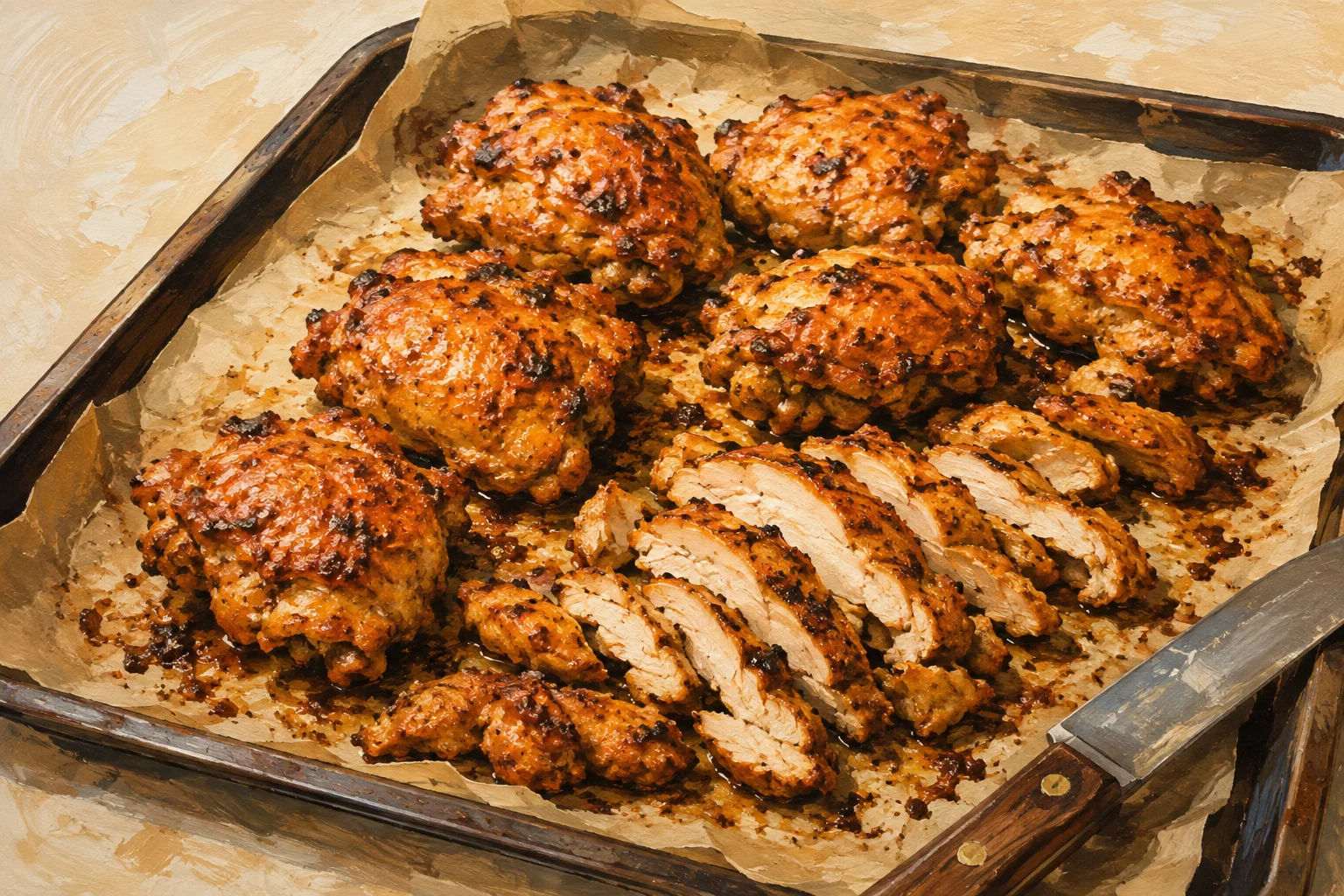 Roasted spice-coated chicken thigh pieces and sliced chicken on a tray.