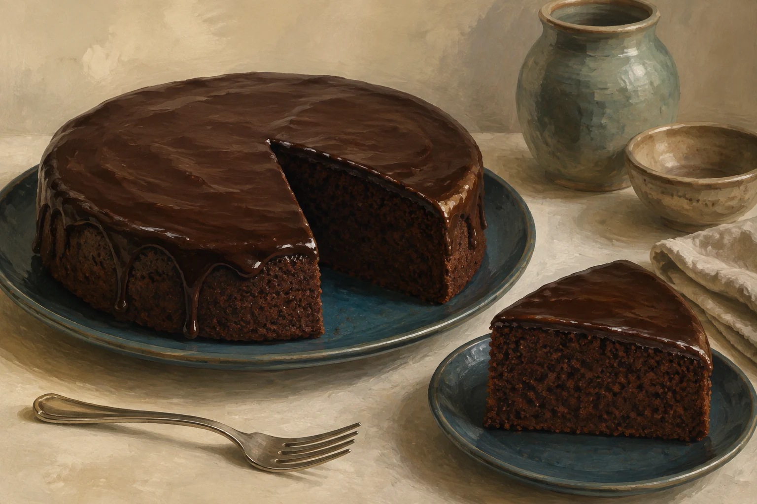 A single chocolate cake with dark chocolate glaze and an unfilled chocolate crumb.