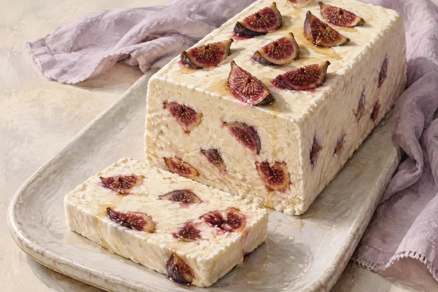 A rectangular frozen cream loaf with roasted fig pieces throughout and a slice cut from one end.