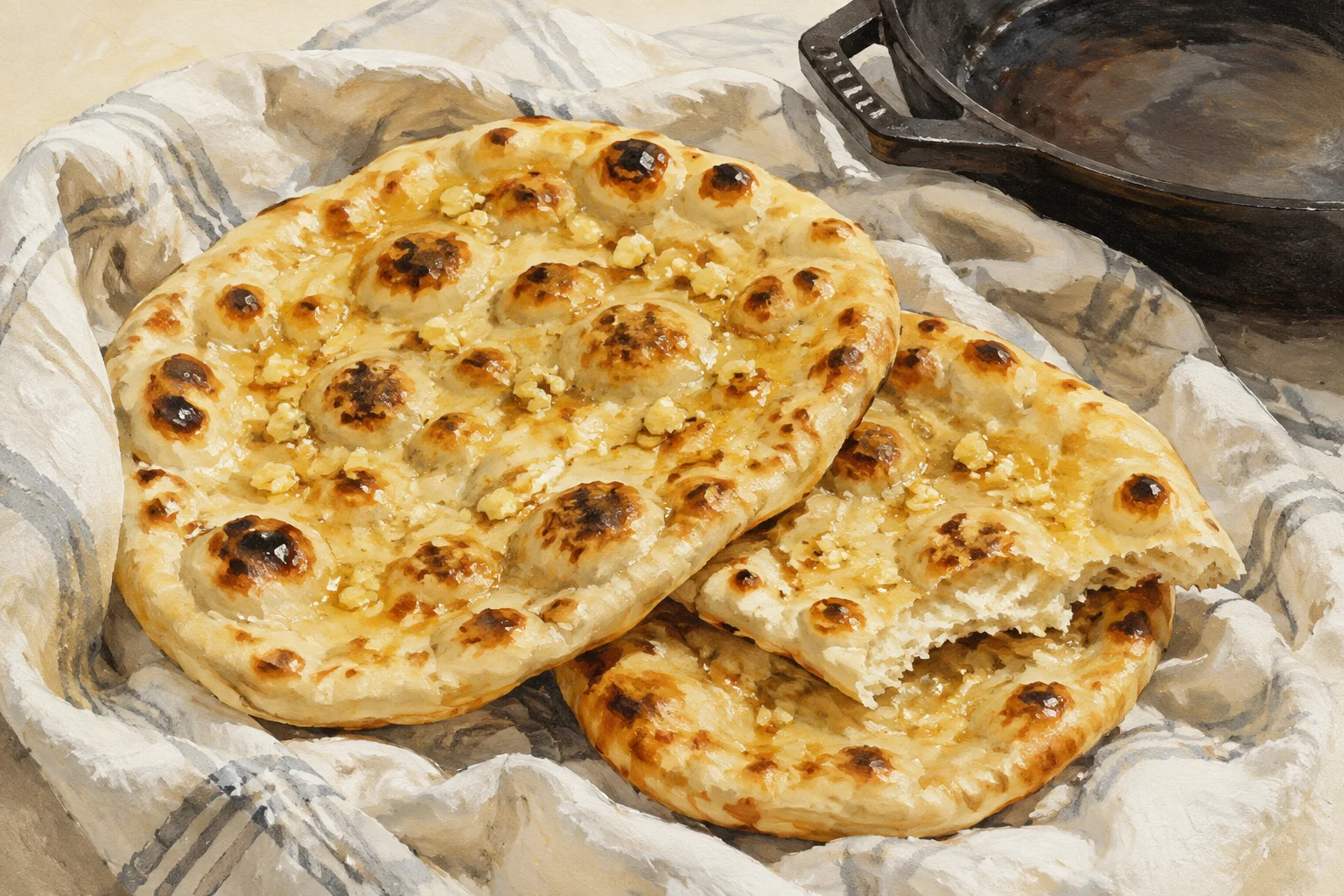 Oval garlic-butter naan with browned blisters and a torn soft edge, wrapped in a towel.
