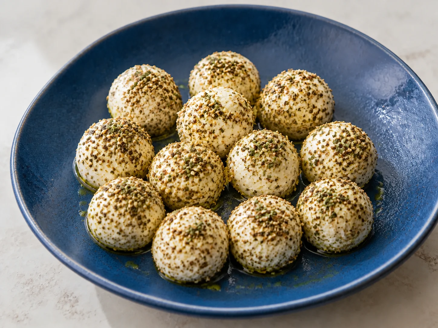 Za’atar-coated kefir labneh balls on a blue serving dish, lightly drizzled with olive oil.