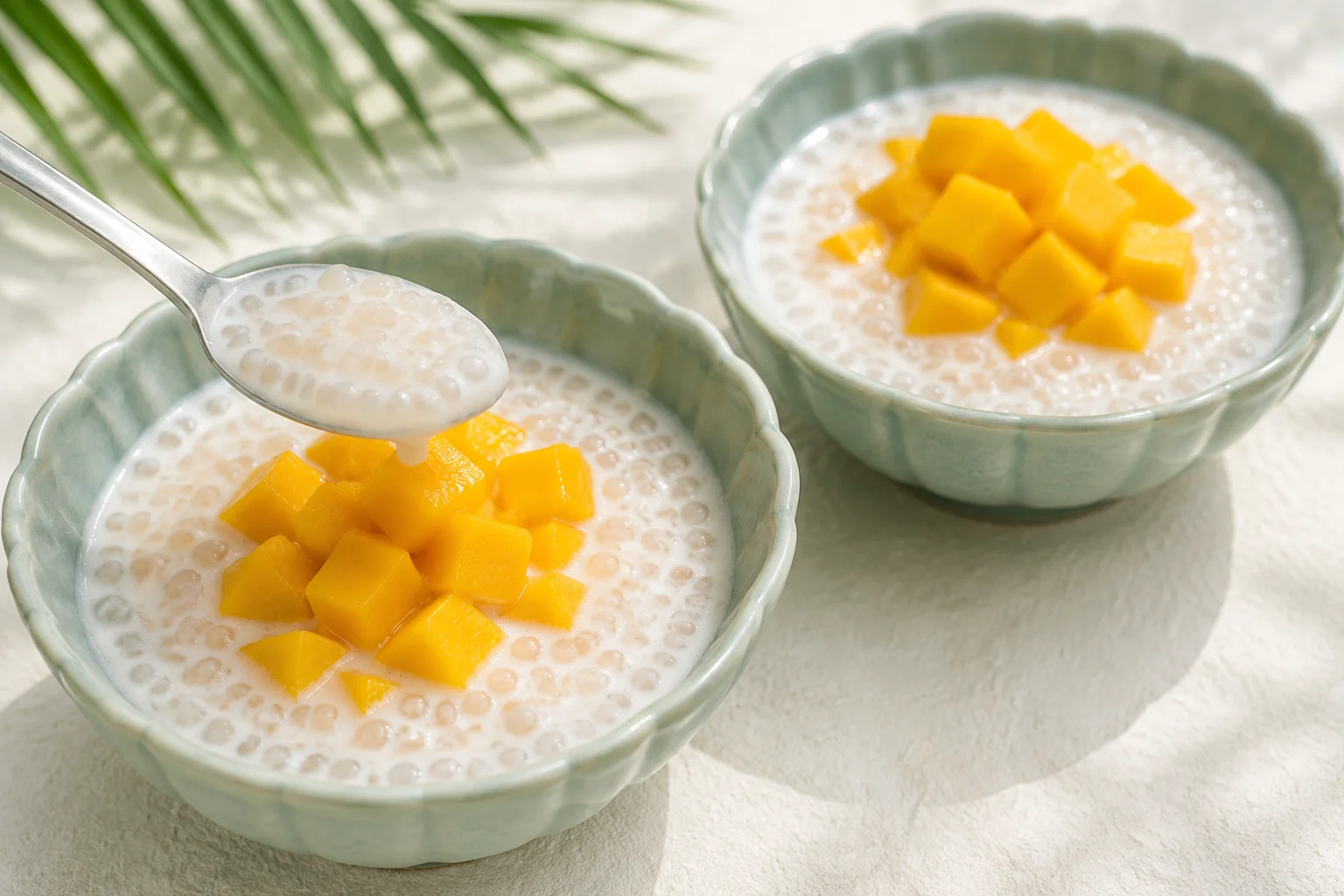 Small translucent tapioca pearls in a coconut mixture, topped with mango cubes.