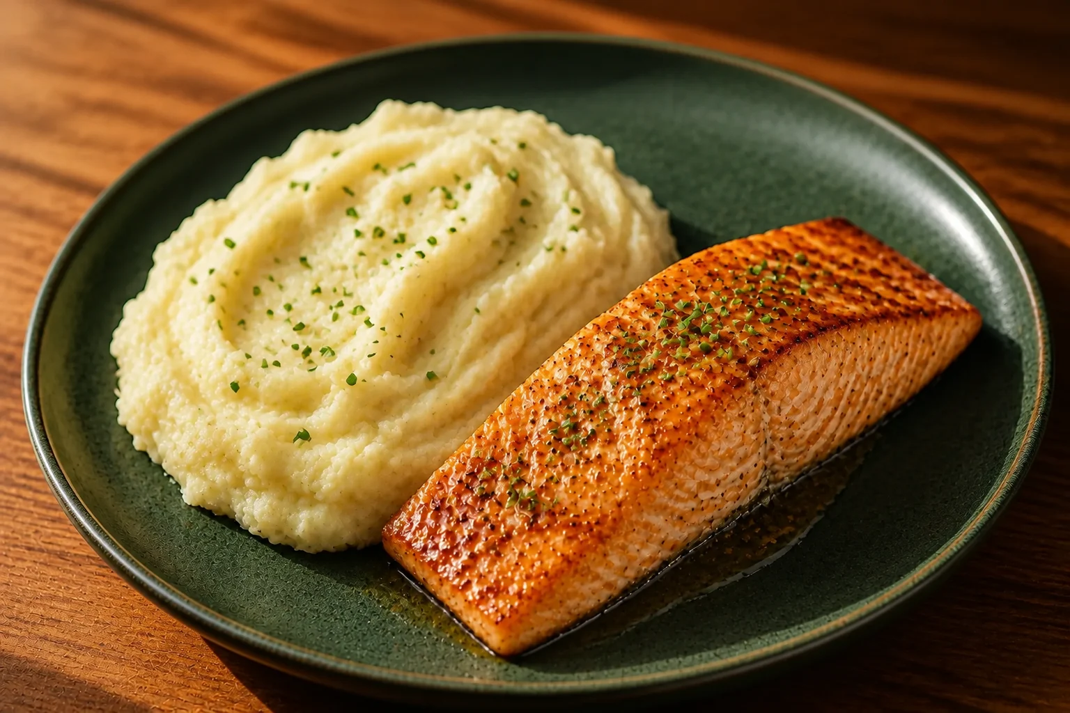 Glazed salmon served with smooth kefir mashed potatoes and chives.