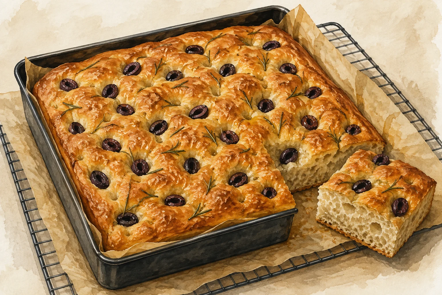 Square olive-and-rosemary focaccia with deep dimples and a cut corner showing its airy crumb.