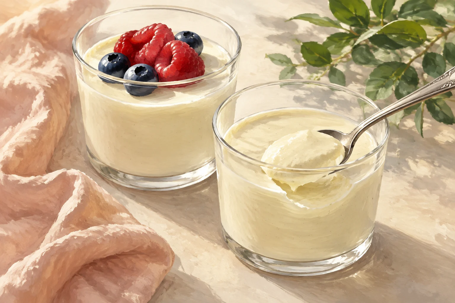 Soft vanilla panna cotta served in glasses with a spoon and berries.