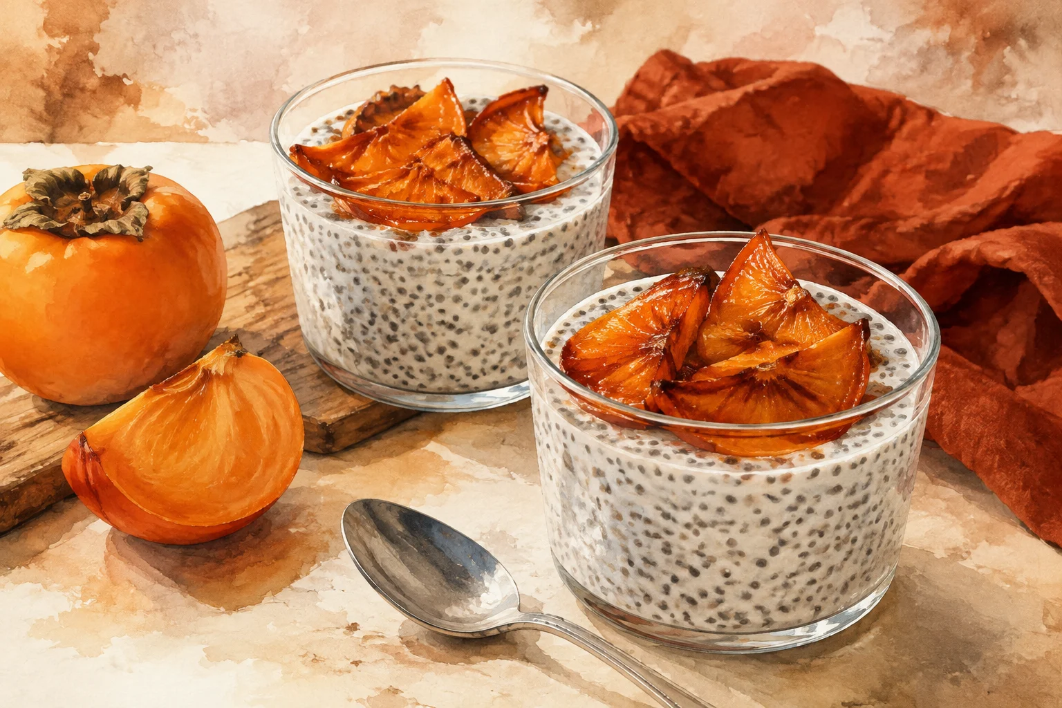 Chia pudding cups topped with roasted persimmon wedges browned at the edges.
