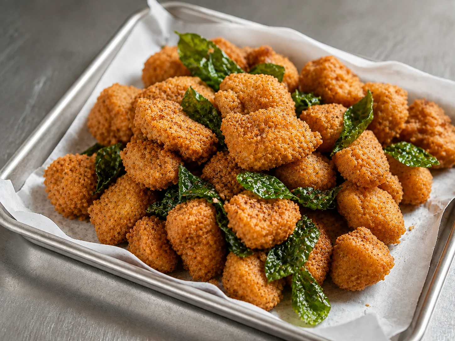 Crisp popcorn chicken with fried basil and pepper in a paper-lined tray.