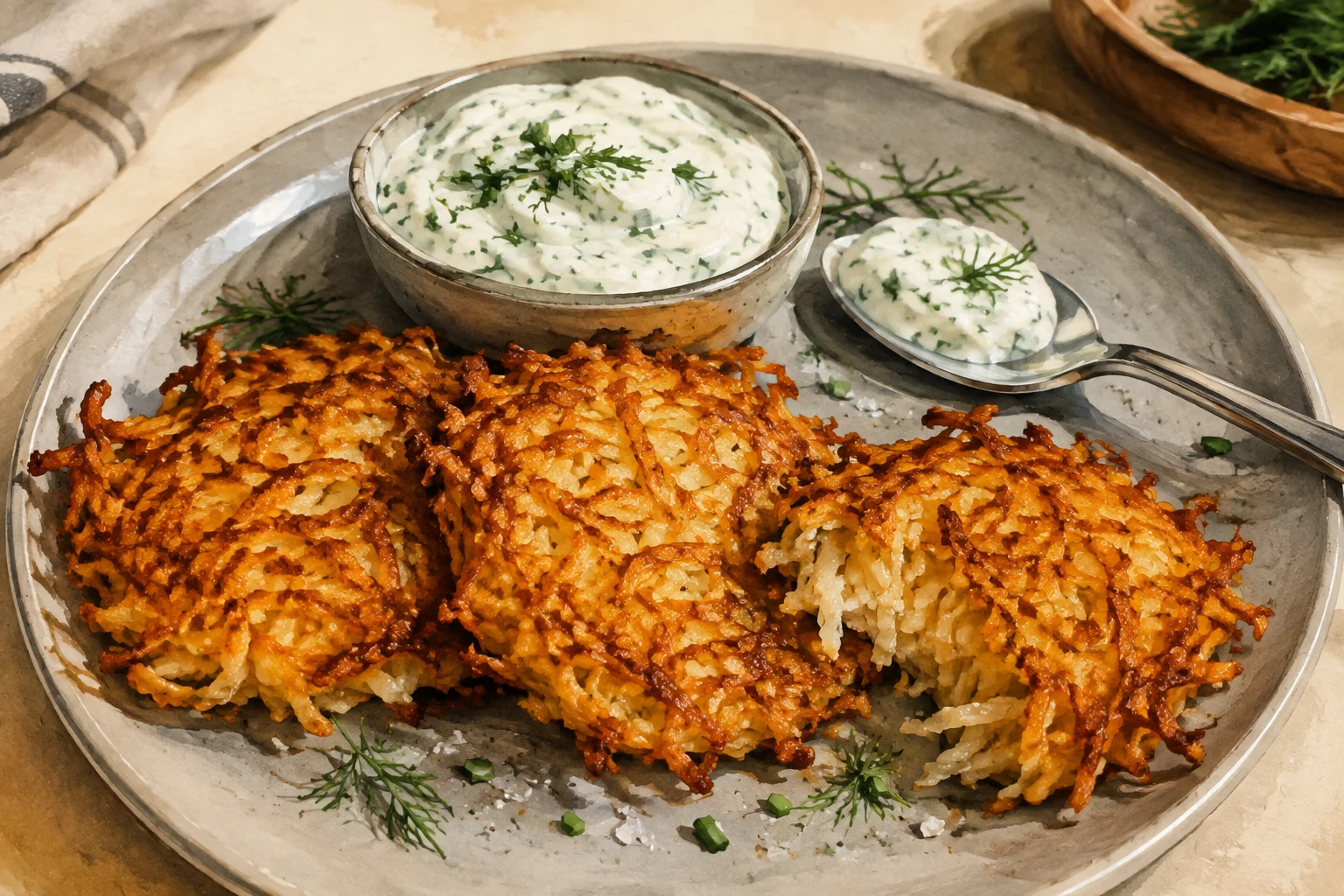 Crisp shredded-potato patties with dill-and-chive kefir cream.