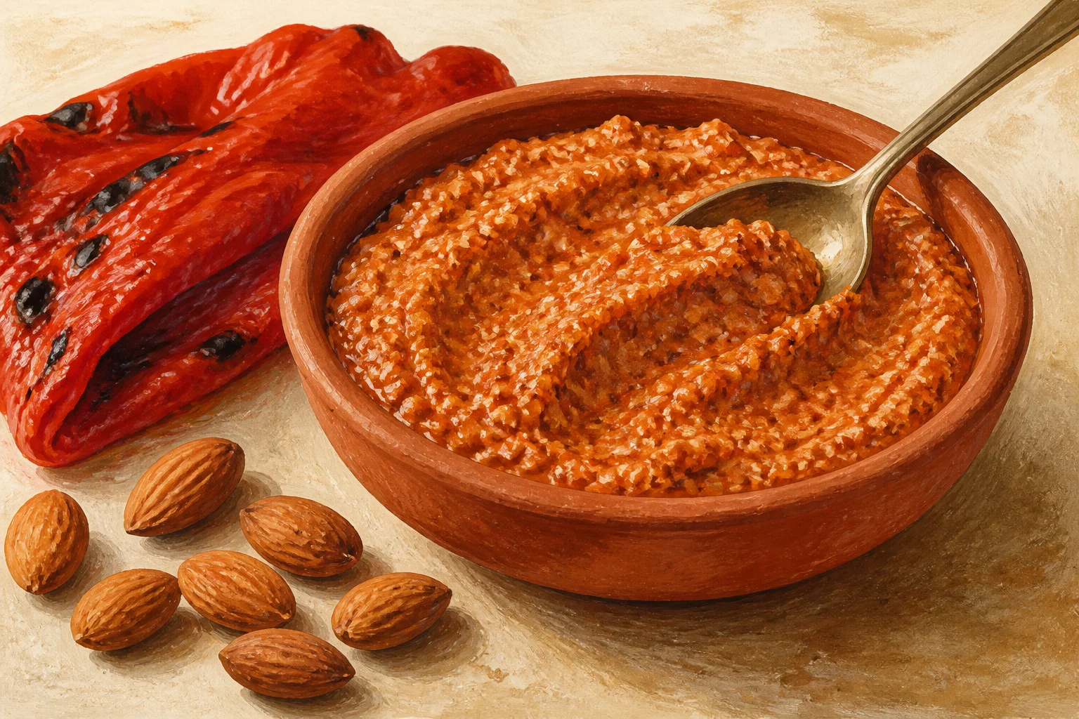 Textured red-pepper and almond sauce in a terracotta bowl, with roasted pepper and almonds beside it.