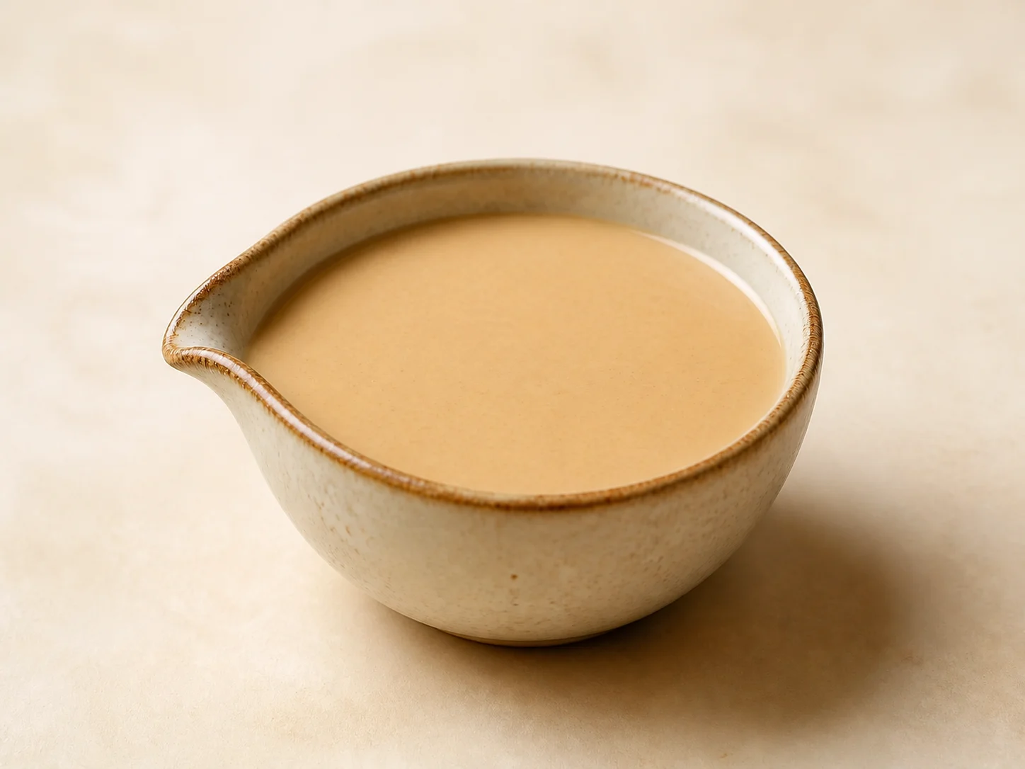 Smooth tan sesame-kefir dressing in a small pouring bowl.