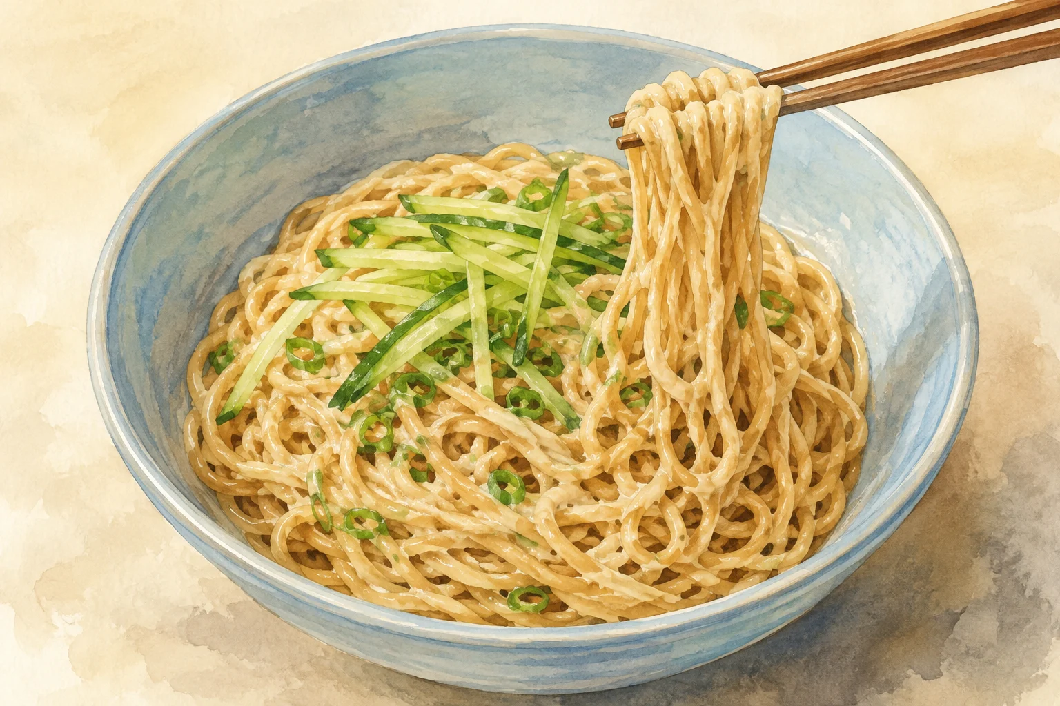 Wheat noodles coated in sesame sauce, topped with cucumber strips and scallions beside chopsticks.