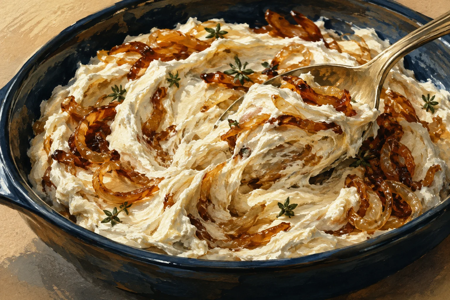 Soft amber shallots and thyme folded through thick kefir cheese.