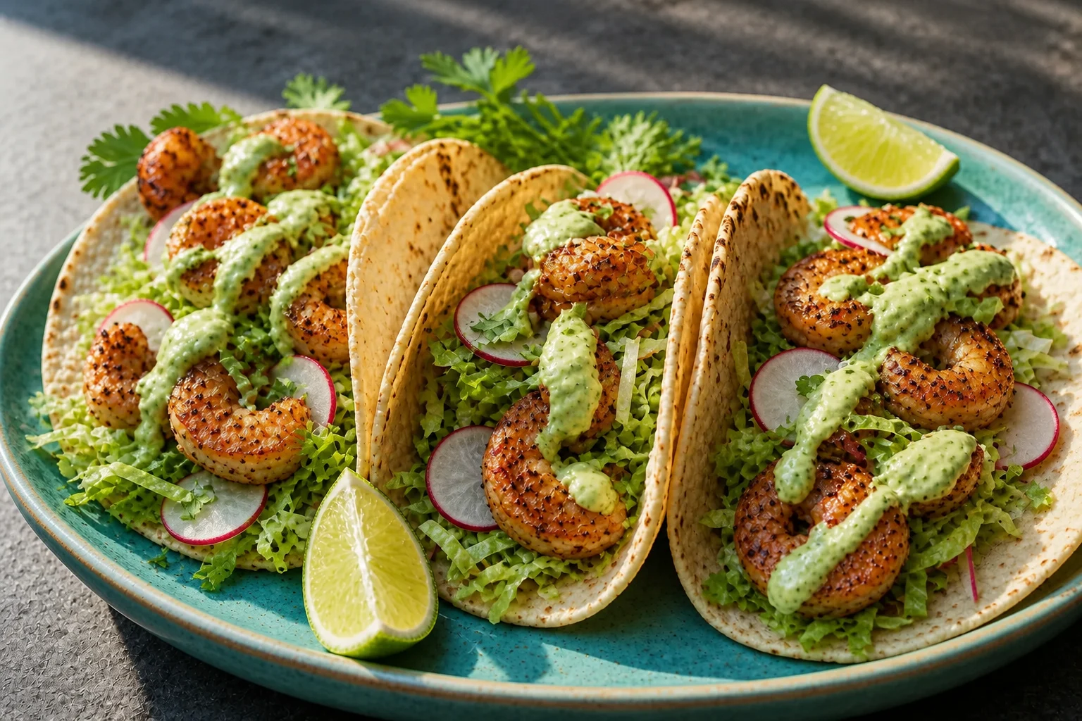 Shrimp tacos filled with shredded green lettuce, radish, avocado crema and coriander.