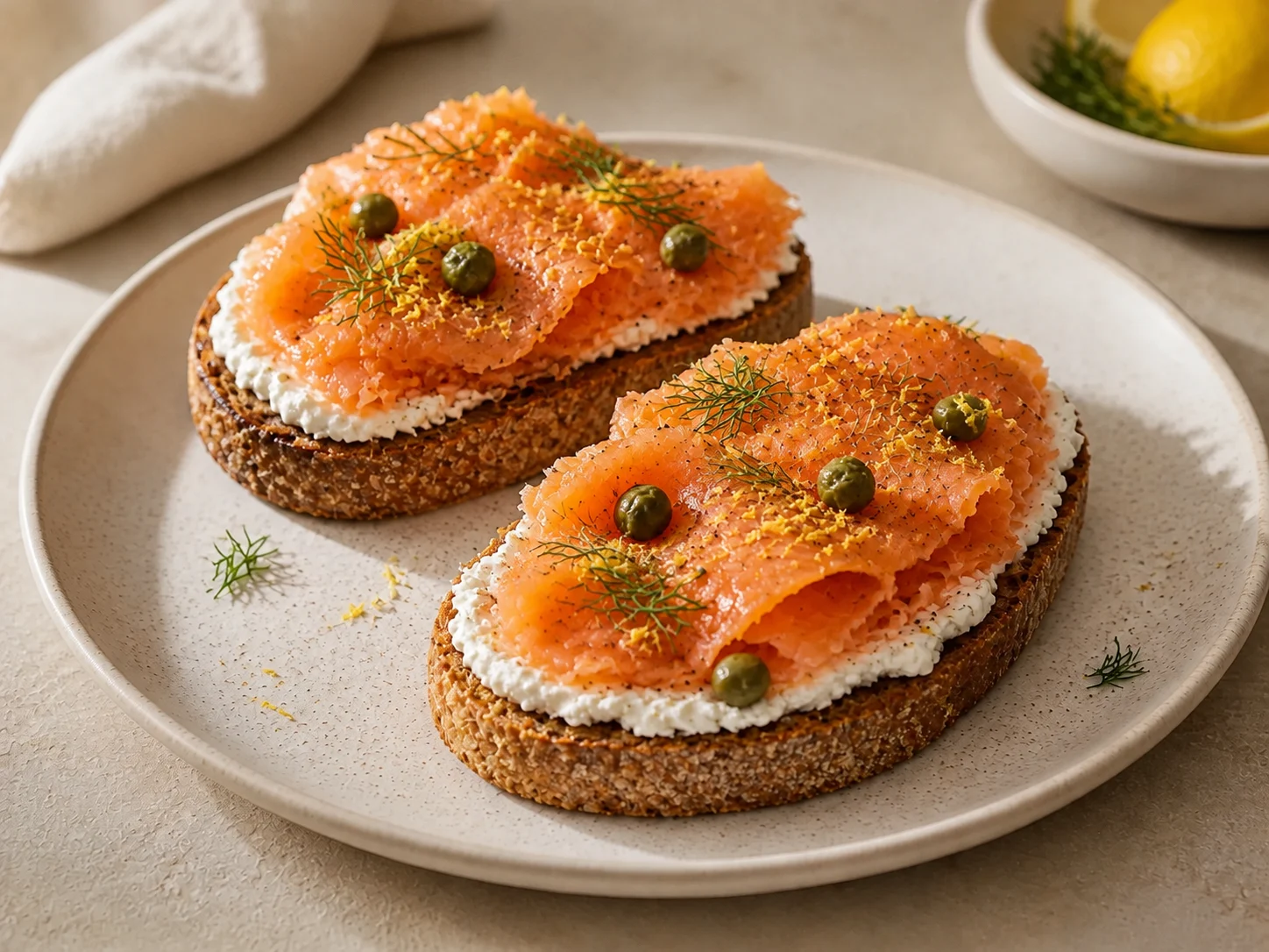 Smoked-salmon toasts with kefir cheese, dill, capers and lemon zest.