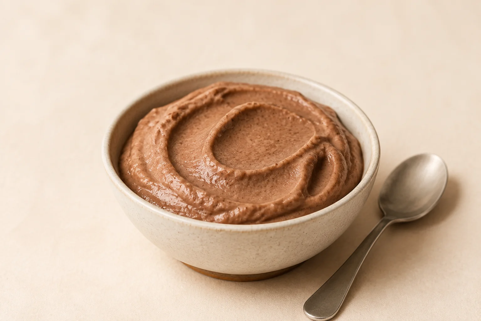 Banana-cocoa frozen purée spooned into a low bowl, with soft spoon marks across the surface.