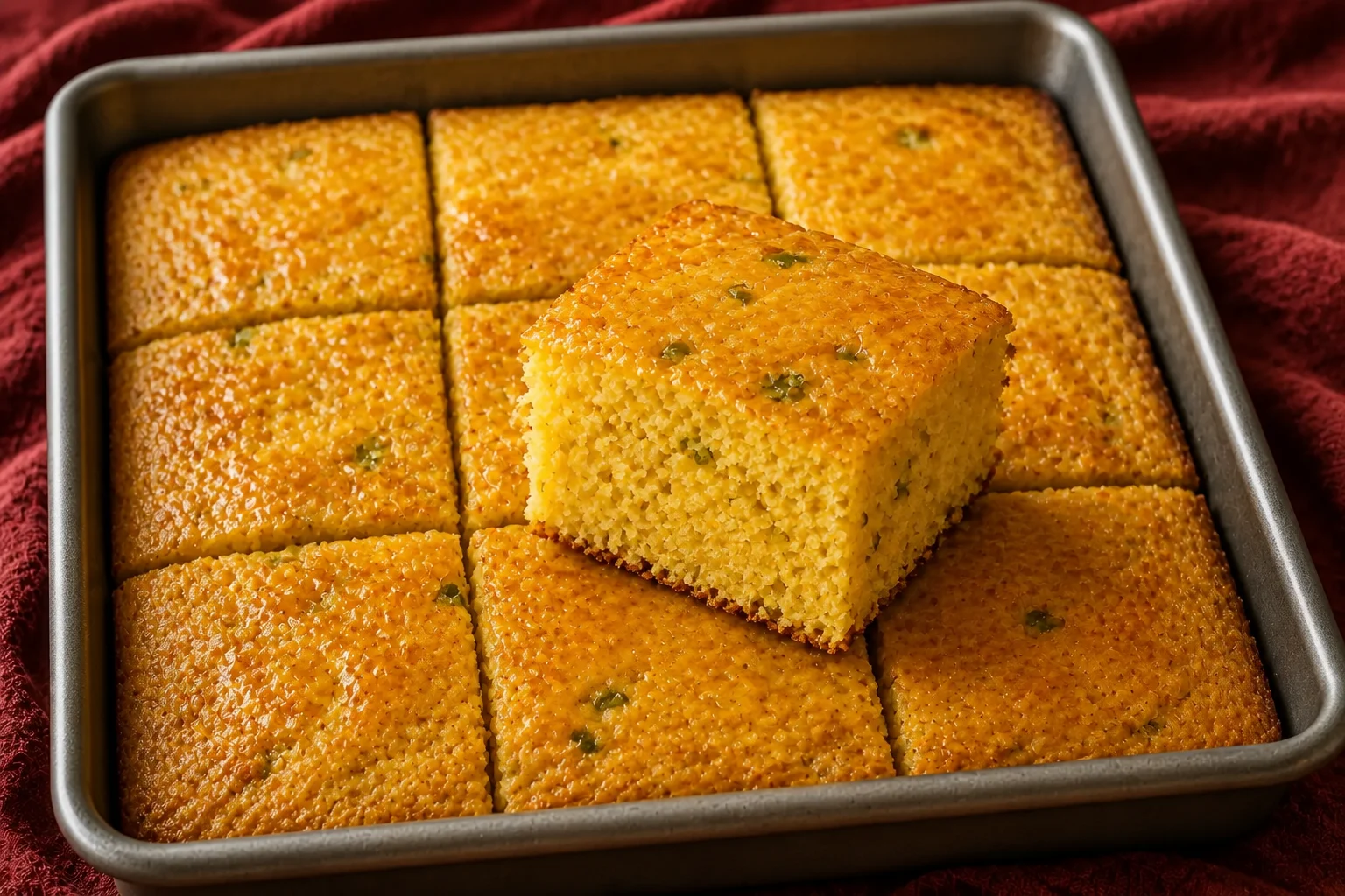 Cornbread cut into squares in a square baking pan, with chopped jalapeño flecks in the crumb.
