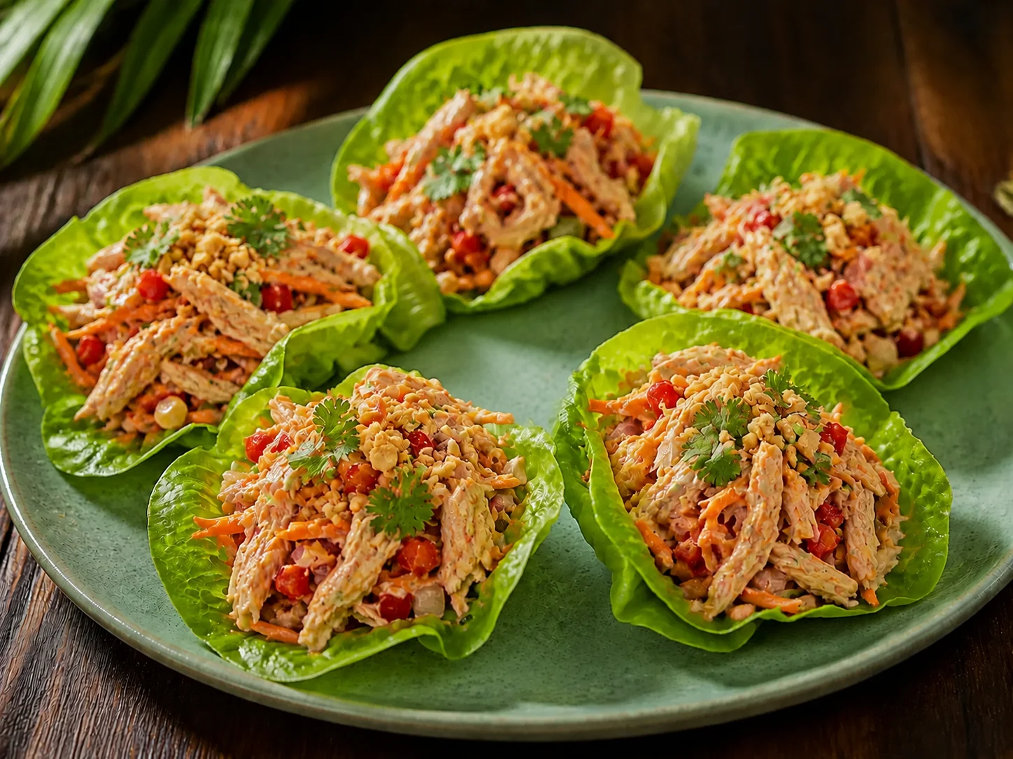 Lettuce cups filled with shredded chicken, carrot, red sweet pepper, peanuts and coriander.