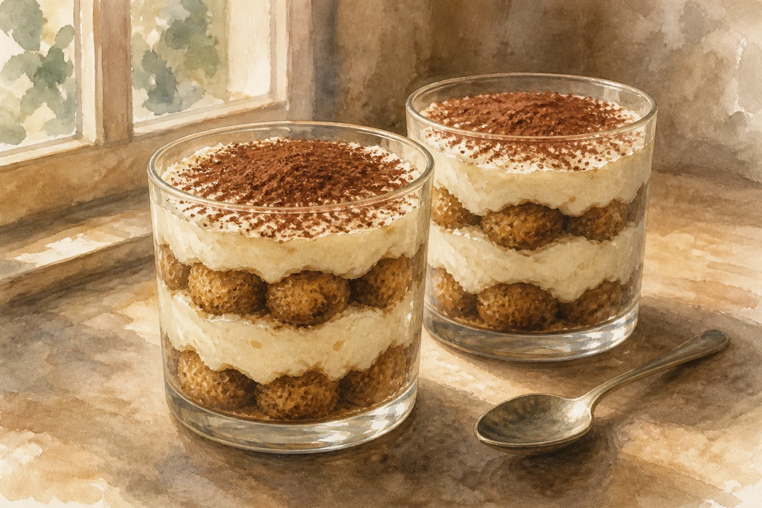 Tiramisu glasses with two layers each of coffee-dipped biscuits and cream, topped with cocoa.