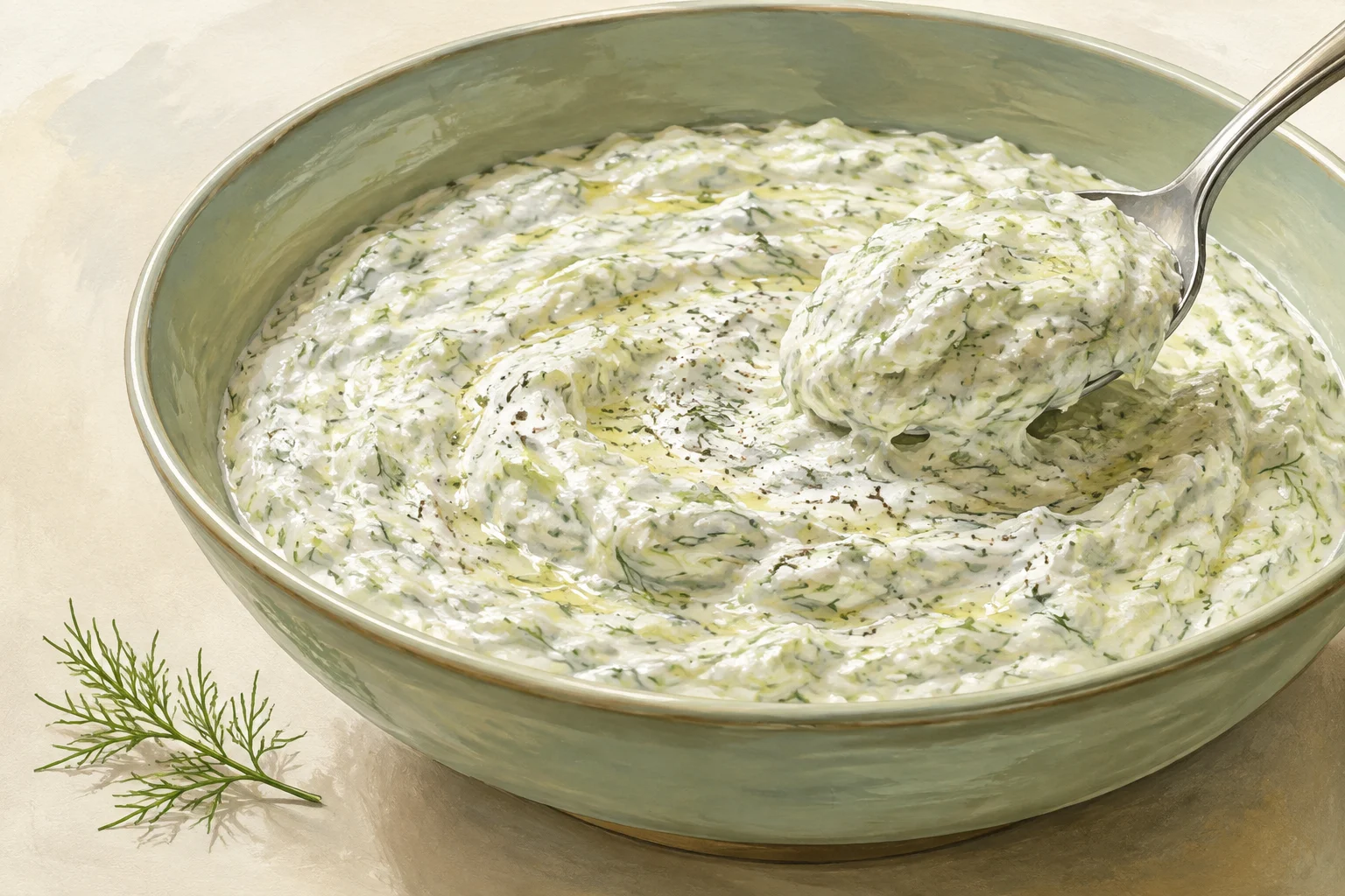 A spoon lifting thick cucumber-and-dill tzatziki.