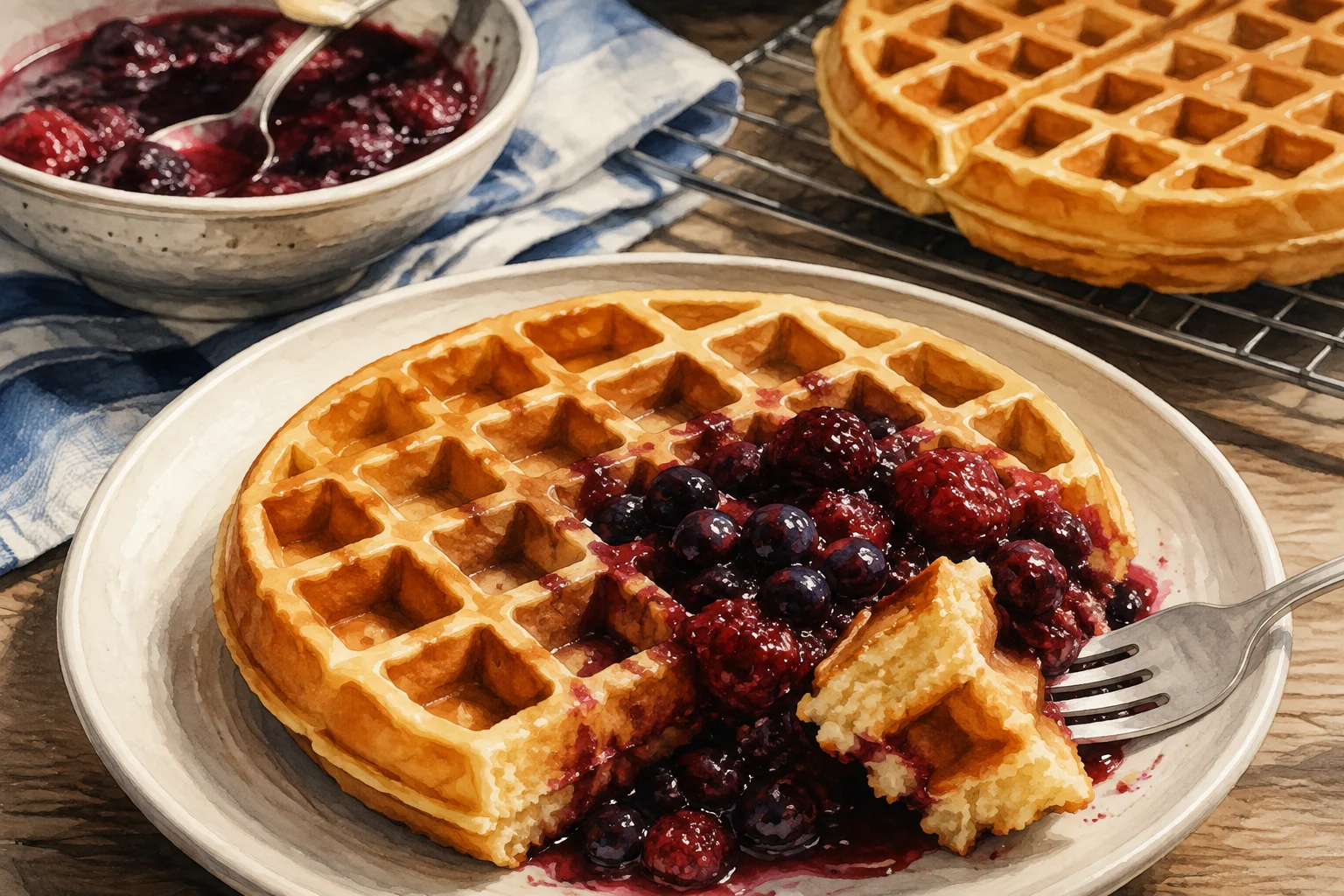 A golden waffle with berry compote, with another waffle cooling on a rack.