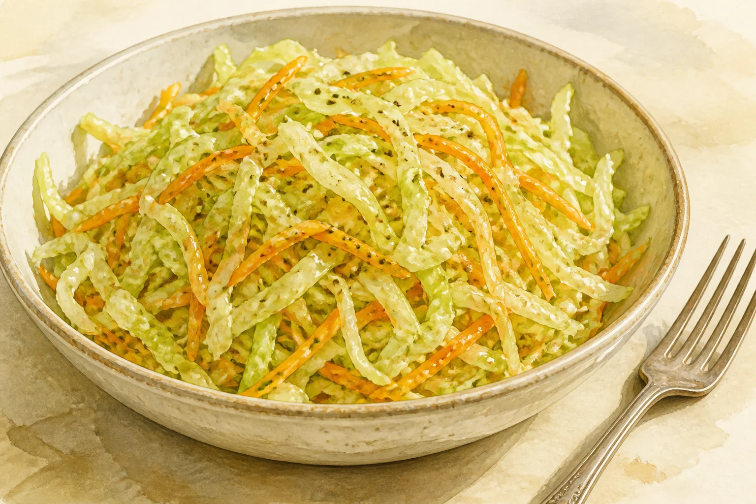Shredded green cabbage and carrot lightly coated in a clear mustard-whey dressing.