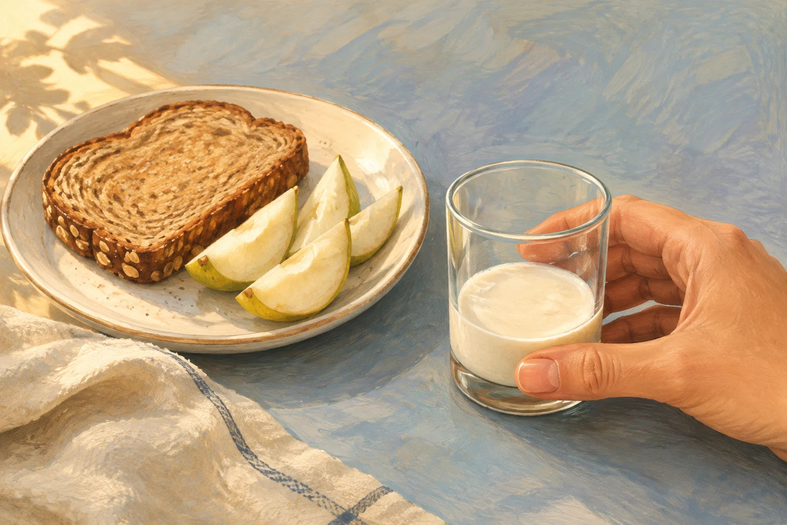 Illustration of a small glass of kefir alongside toast and pear slices.