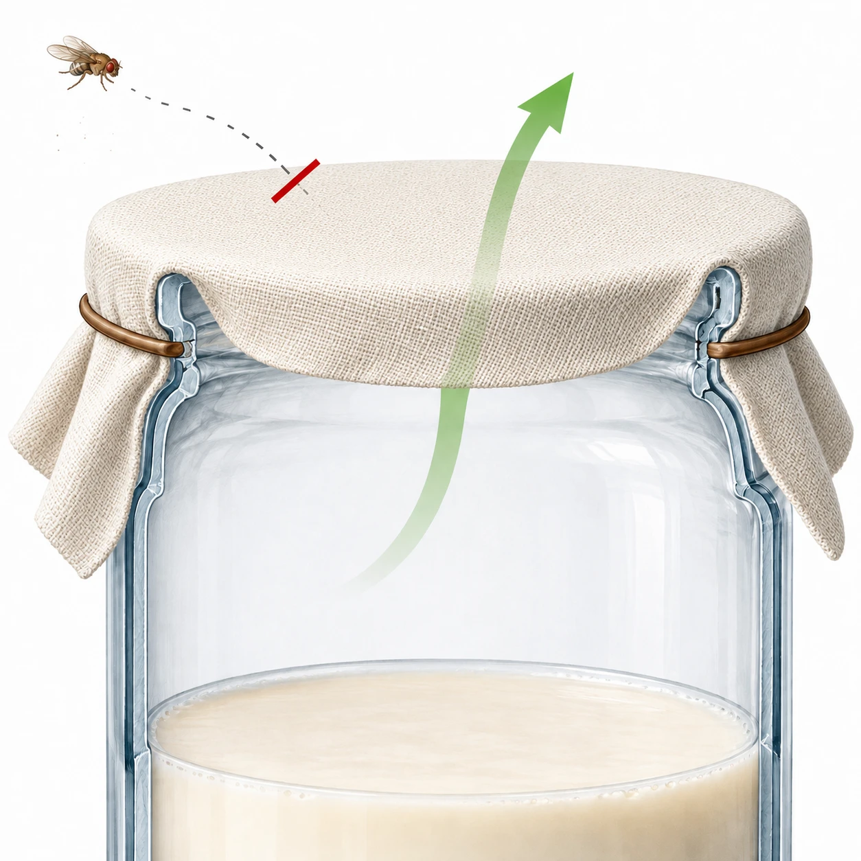 Cutaway of a securely held tightly woven cloth cover: gas escapes, pests stay outside and milk remains well below.