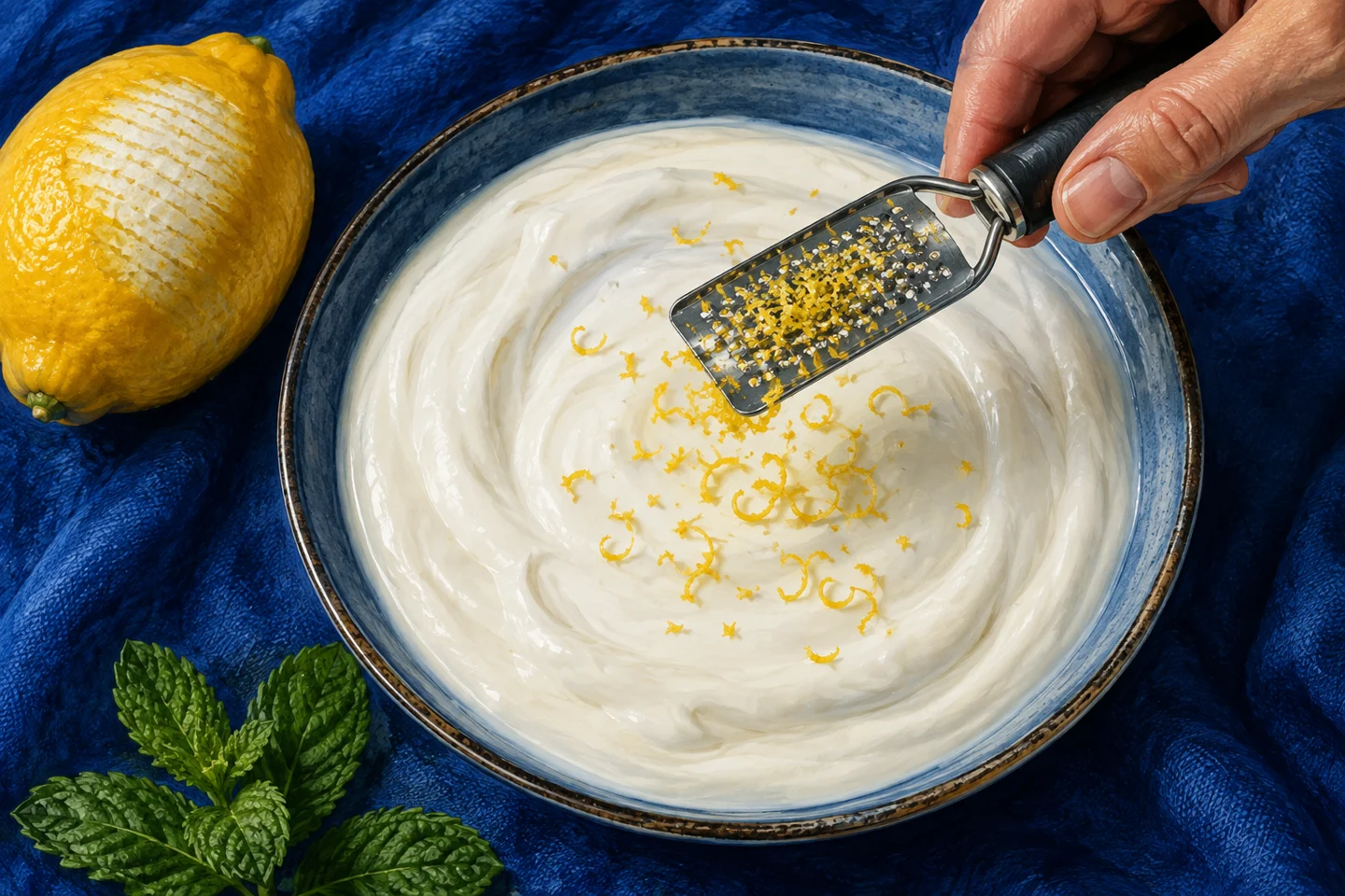 Lemon zest being grated over a bowl of kefir.