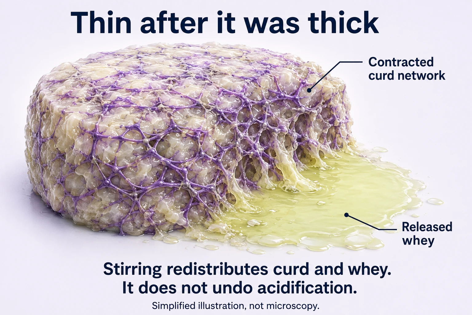 Schematic contracted curd network releases whey; stirring redistributes it without undoing acidification.