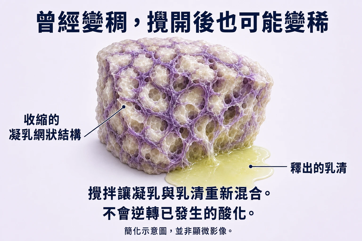 凝乳網狀結構收縮、釋出乳清的示意圖；攪拌會重新混合，不會逆轉酸化。