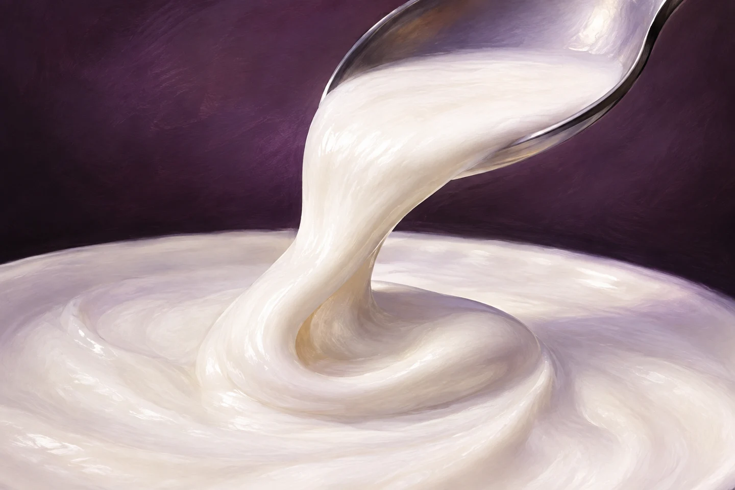 Thick, creamy kefir flowing from a spoon.