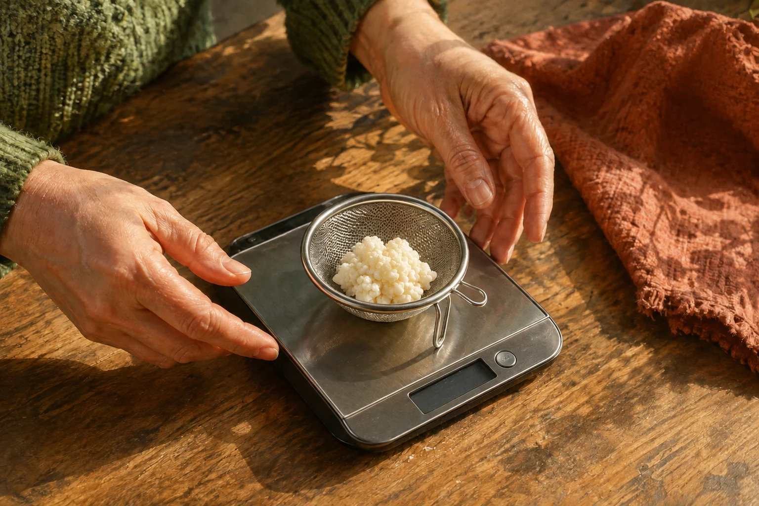 Hands weighing milk-kefir grains on a kitchen scale.