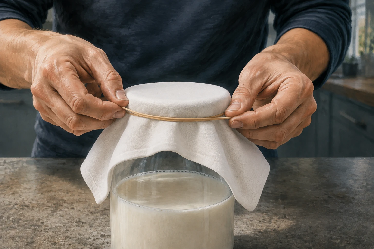 Hands securing a cloth cover over a jar of milk kefir.