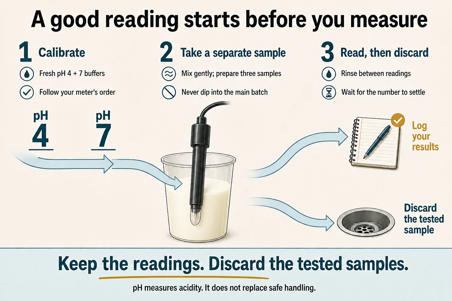 Calibrate with fresh pH 4 and 7 buffers; mix and take separate samples; rinse and wait for stable readings. Keep the results and discard tested samples.