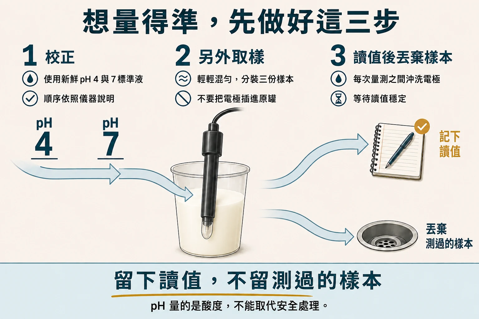 先用新鮮 pH 4 與 7 標準液校正，混勻後另外取樣，每次量測之間沖洗電極並等讀值穩定。留下紀錄，丟棄測過的樣本。