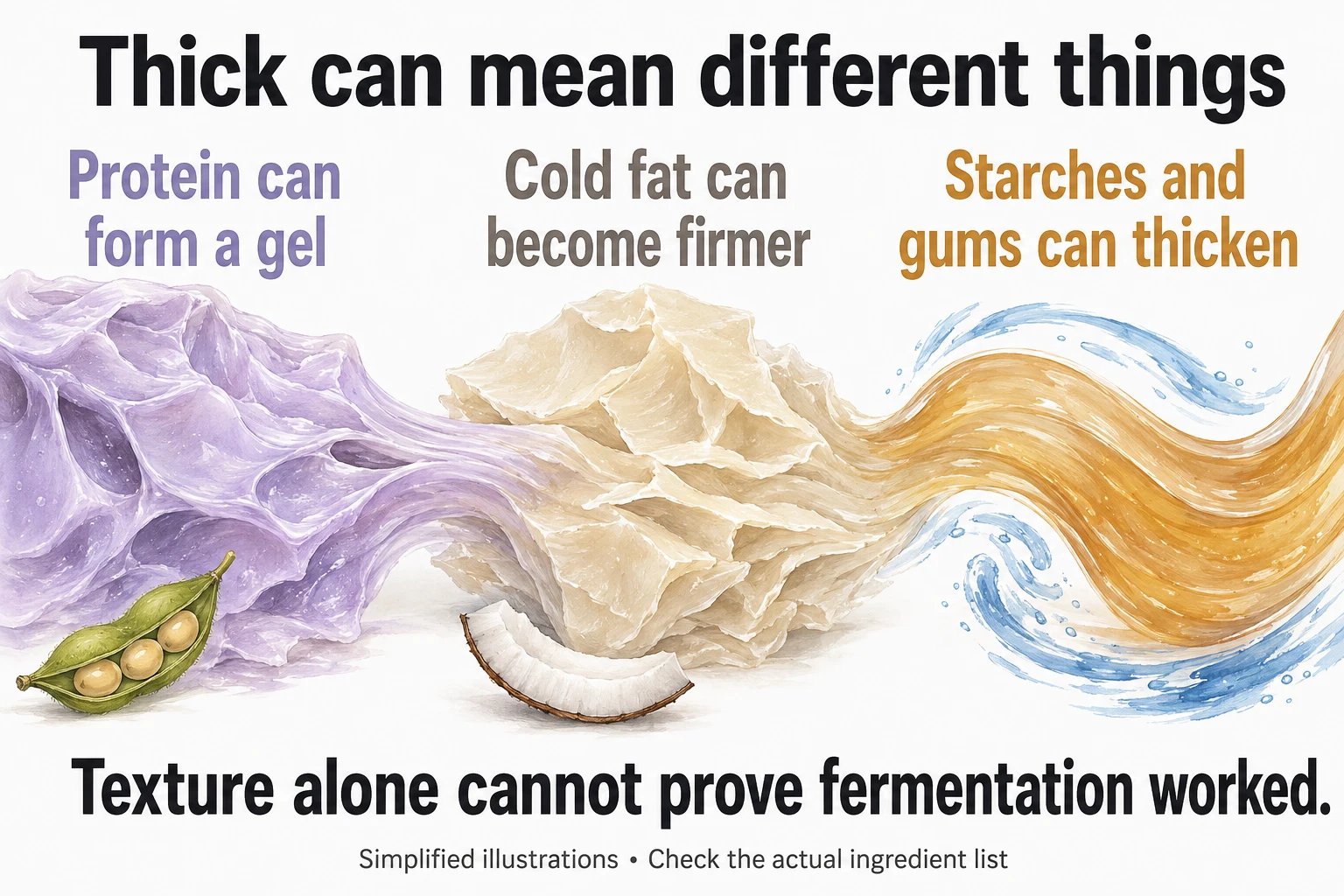 Simplified material illustrations: protein can form a gel, cold fat can firm, and starches or gums can thicken. Texture alone does not prove fermentation succeeded.