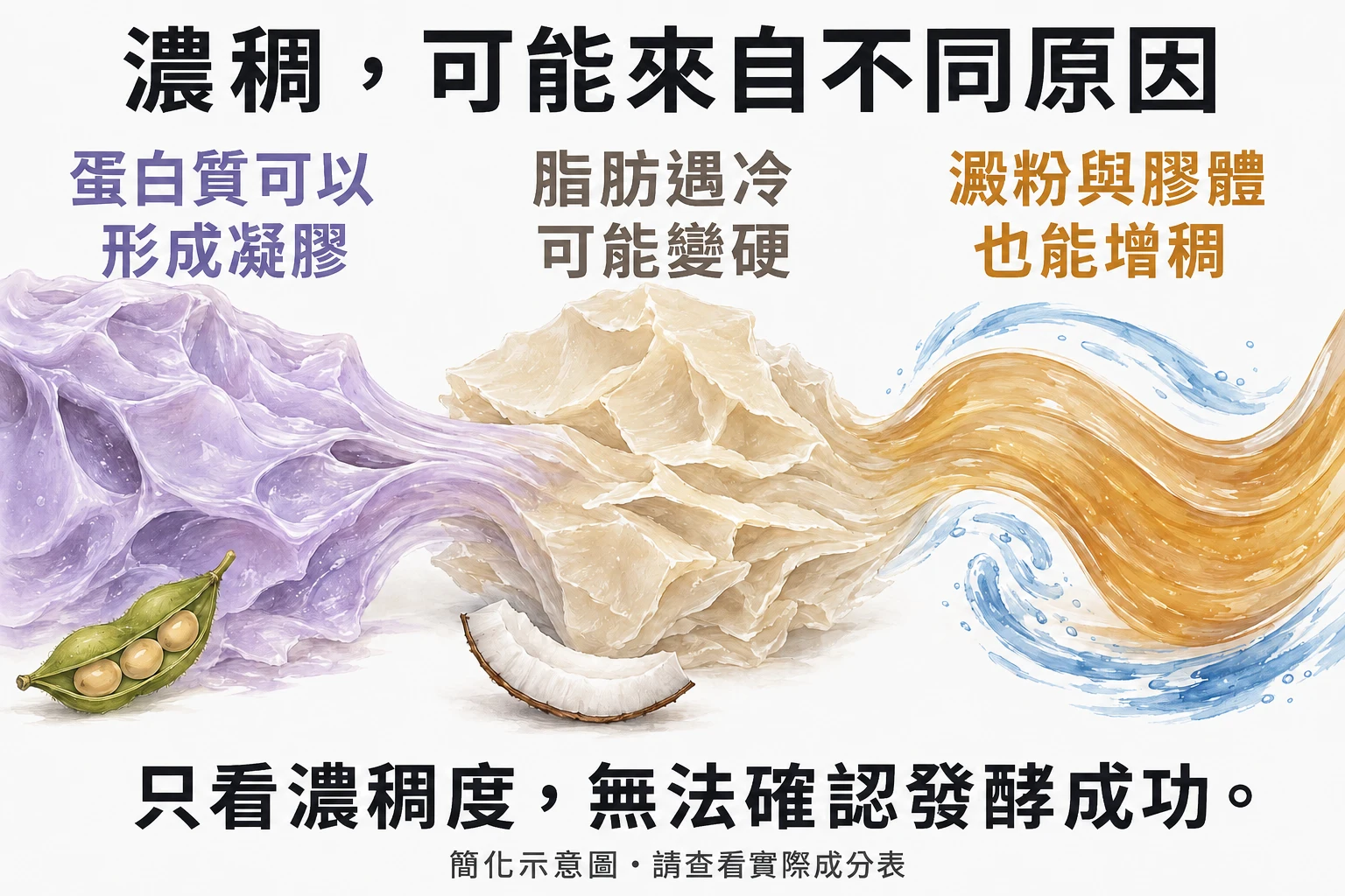 簡化材質示意:蛋白質能形成凝膠,脂肪遇冷可能變硬,澱粉與膠體也能增稠。濃稠度本身無法確認發酵成功。