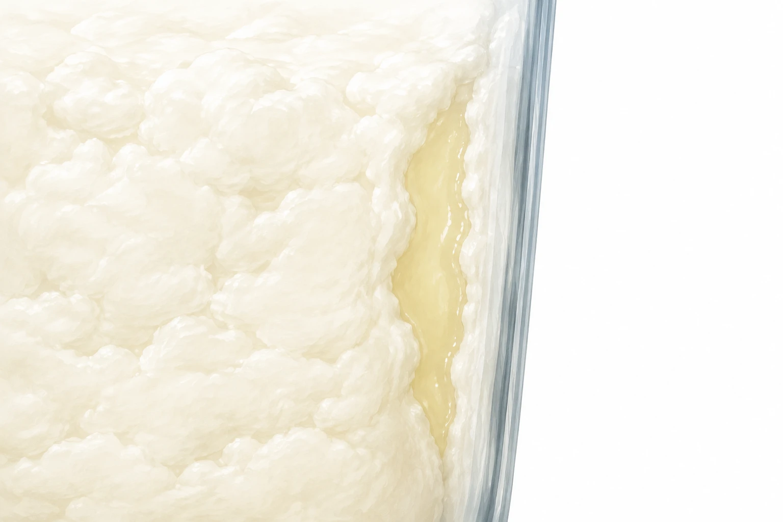 A close view of curds and a pocket of whey in a milk-kefir jar.