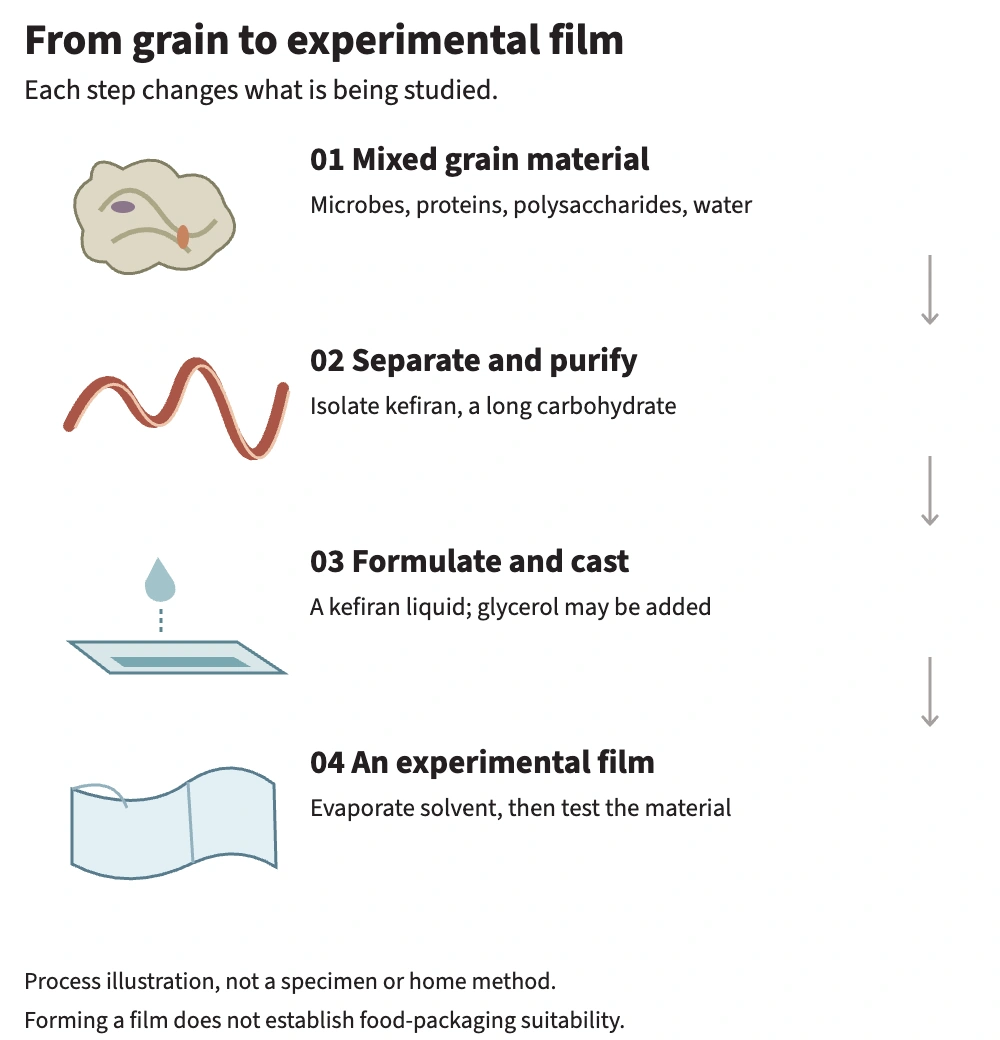 Process illustration: mixed grain material, purified kefiran, a cast liquid layer, then an experimental film.